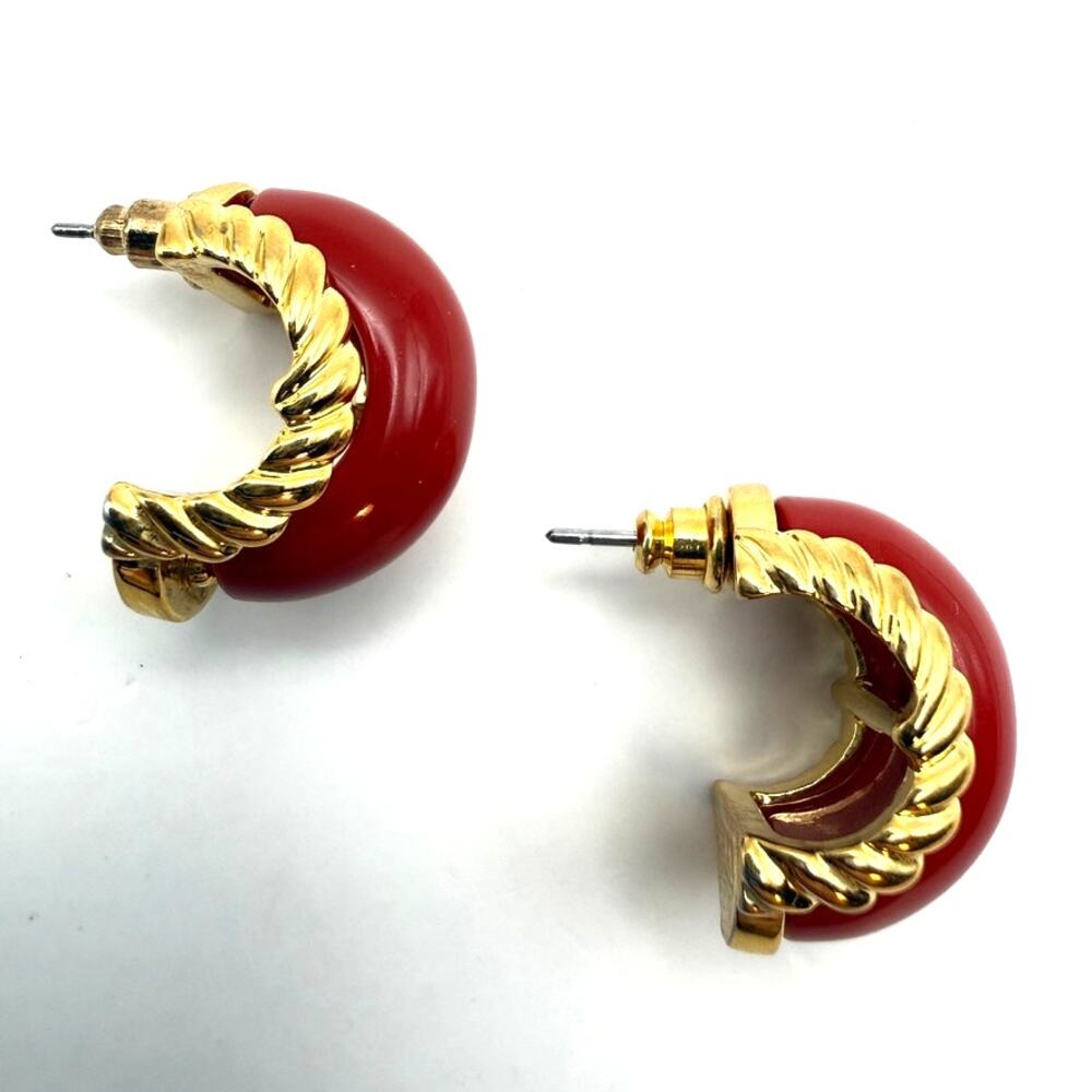 Vtg Kenneth Jay Lane (Kjl) Red Half Hoop Earrings… - image 3